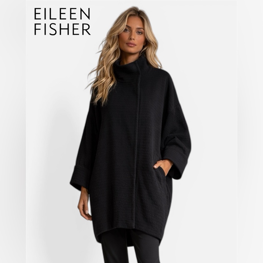 Eileen Fisher Organic Cotton Textured Funnel Neck Long Jacket Oversized Coat M - Picture 1 of 16